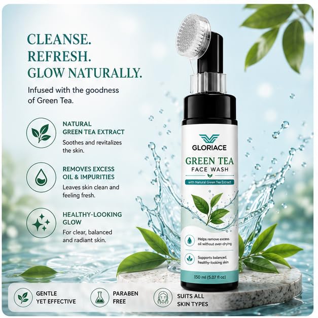 GLORIACE Green Tea Face Wash with Built-in Soft Silicone Cleansing Brush | Daily Facial Cleanser with Natural Green Tea Extract | Gently Removes Excess Oil & Impurities | Suitable for All Skin Types | 150 ml