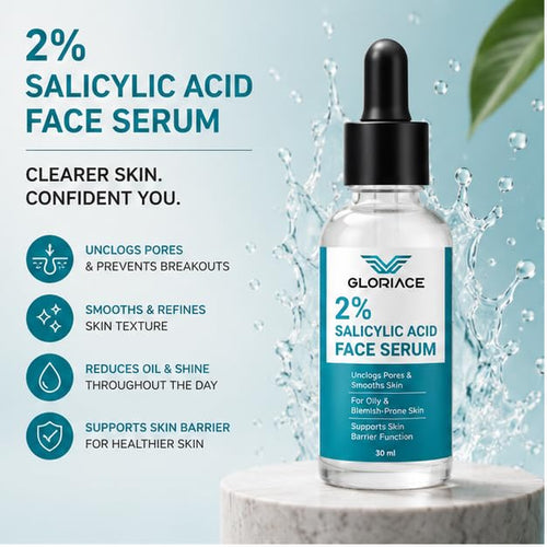 GLORIACE 2% Salicylic Acid Face Serum for Oily & Blemish-Prone Skin | Lightweight Facial Serum with Salicylic Acid | Daily Skin Care Formula for Smoother Looking Skin & Refined Appearance | 30 ml