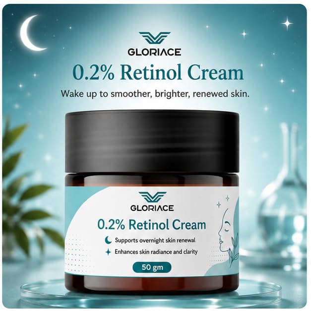 GLORIACE 0.2% Retinol Cream | Overnight Face Moisturizer with 0.2% Retinol | Lightweight Night Cream for Smooth & Refreshed-Looking Skin | Suitable for All Skin Types | 50 g