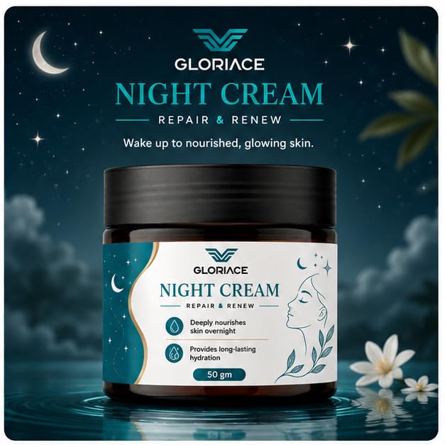 GLORIACE Night Cream | Overnight Moisturizing Face Cream for Nourished, Soft & Hydrated Skin | Lightweight Non-Greasy Formula | Suitable for All Skin Types | 50 g