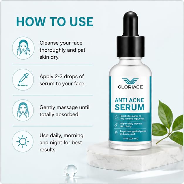 GLORIACE Anti Acne Face Serum for Oily & Blemish-Prone Skin | Lightweight Facial Serum for Daily Skin Care Routine | Non-Greasy Formula for Refined & Clear-Looking Skin | 30 ml