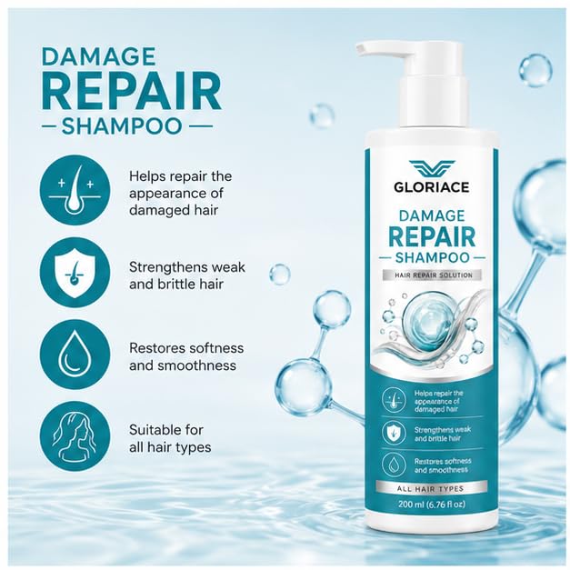 Gloriace Damage Repair Shampoo, for Dry, Frizzy and Damaged Hair, Boosts Hair Growth, All Hair Types, 200 ml