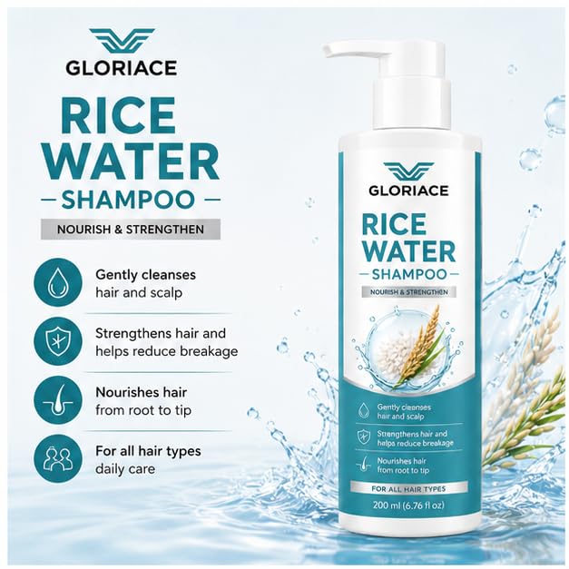 Gloriace Rice Water Shampoo, Repair Bond Strength Frizzy Manageability, Prevents Hair Fall, All Hair Types, 200ml