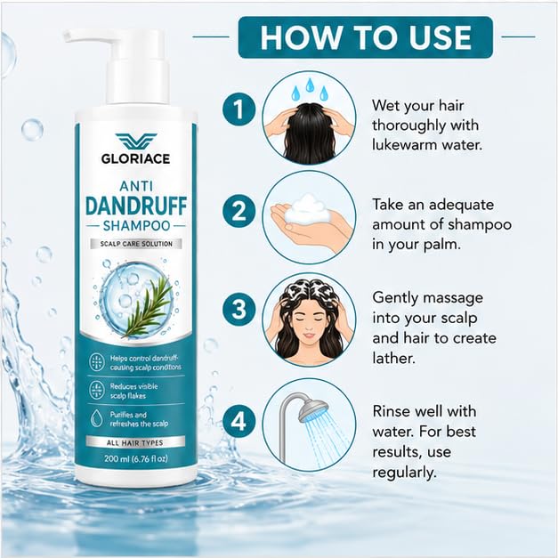 Gloriace Anti Dandruff Shampoo, for Itchy Flaky and Stubborn Scalp, with Pyrithione Zinc, All Hair Types, 200 ml