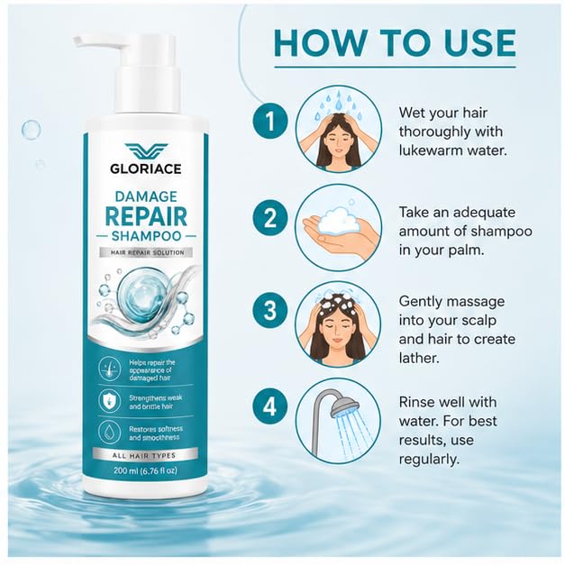 Gloriace Damage Repair Shampoo, for Dry, Frizzy and Damaged Hair, Boosts Hair Growth, All Hair Types, 200 ml