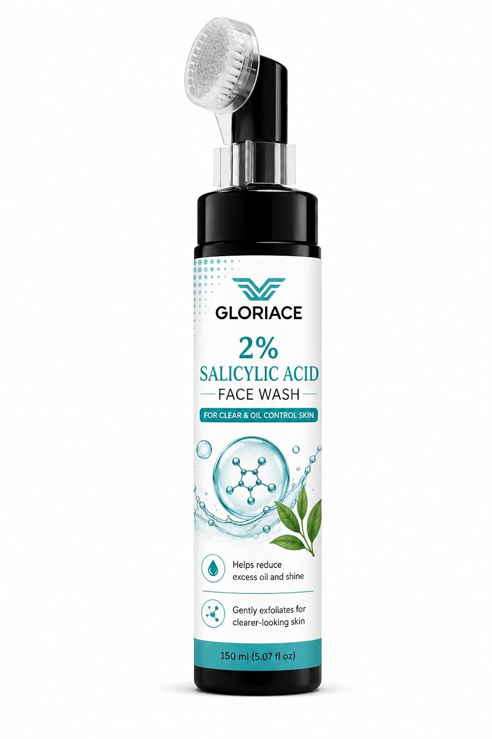 GLORIACE 2% Salicylic Acid Face Wash with Built-in Soft Silicone Cleansing Brush | Daily Facial Cleanser for Oil Control & Blemish-Prone Skin | Gently Removes Dirt, Oil & Impurities | 150 ml