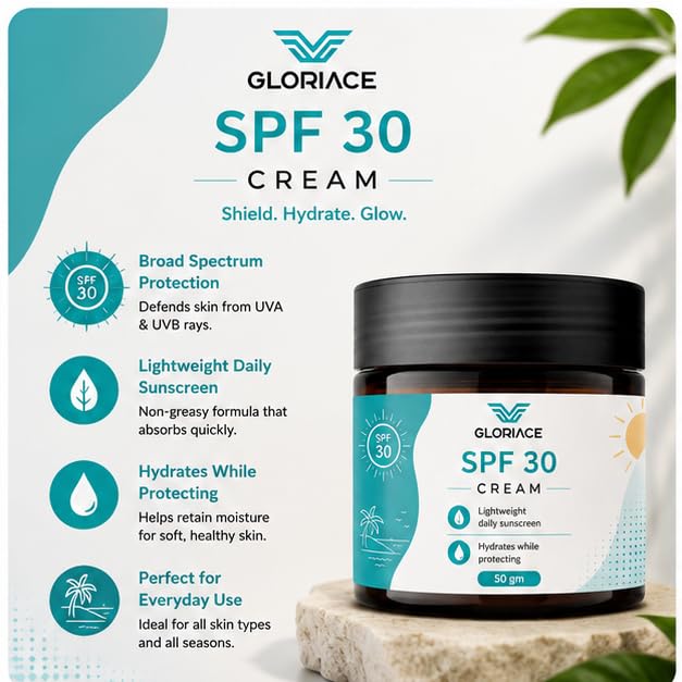 GLORIACE SPF 30 Face Cream | Lightweight Daily Sunscreen Moisturizer | Non-Greasy UV Protection Cream for Face | Suitable for All Skin Types | 50 g