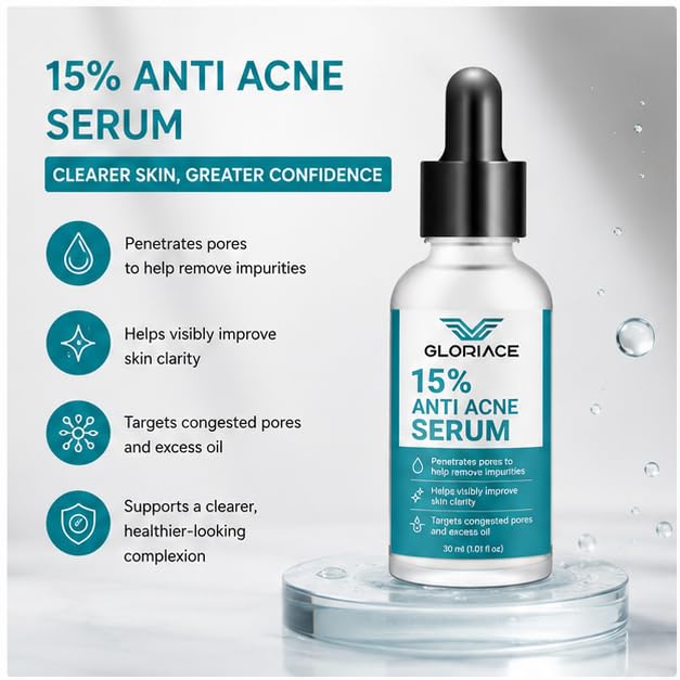 GLORIACE Anti Acne Face Serum for Oily & Blemish-Prone Skin | Lightweight Facial Serum for Daily Skin Care Routine | Non-Greasy Formula for Refined & Clear-Looking Skin | 30 ml