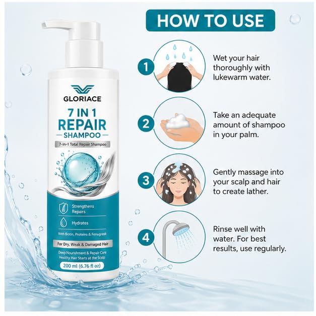 Gloriace 7 in 1 Repair Shampoo, for All Hair Types, Liquid, Vegan, 200 ml