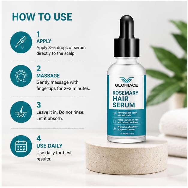 GLORIACE Rosemary Hair Serum for Hair & Scalp Care | Lightweight Leave-In Serum with Rosemary | Non-Sticky Formula for Daily Care Routine | Suitable for All Hair Types | 30 ml