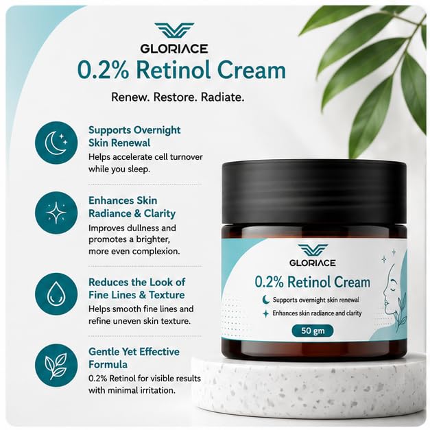 GLORIACE 0.2% Retinol Cream | Overnight Face Moisturizer with 0.2% Retinol | Lightweight Night Cream for Smooth & Refreshed-Looking Skin | Suitable for All Skin Types | 50 g