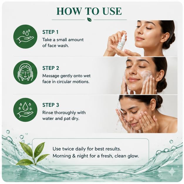 GLORIACE Green Tea Face Wash | Daily Facial Cleanser with Natural Green Tea Extract | Gently Cleanses Dirt, Oil & Impurities | Refreshing Face Wash for All Skin Types | 100 ml