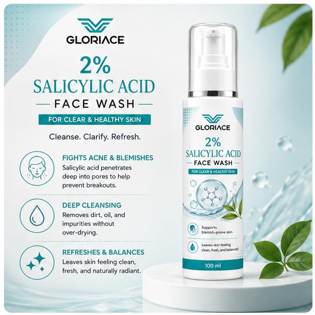 GLORIACE 2% Salicylic Acid Face Wash | Daily Facial Cleanser for Blemish-Prone Skin | Gently Removes Dirt, Oil & Impurities | Refreshing Face Wash | 100 ml