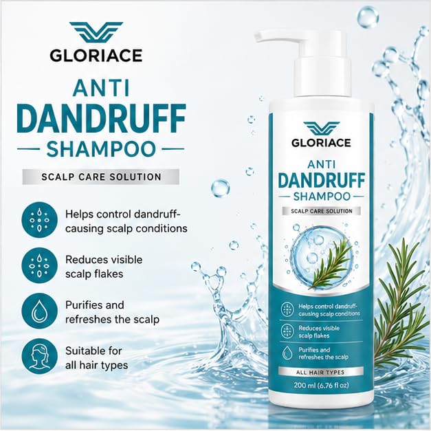 Gloriace Anti Dandruff Shampoo, for Itchy Flaky and Stubborn Scalp, with Pyrithione Zinc, All Hair Types, 200 ml