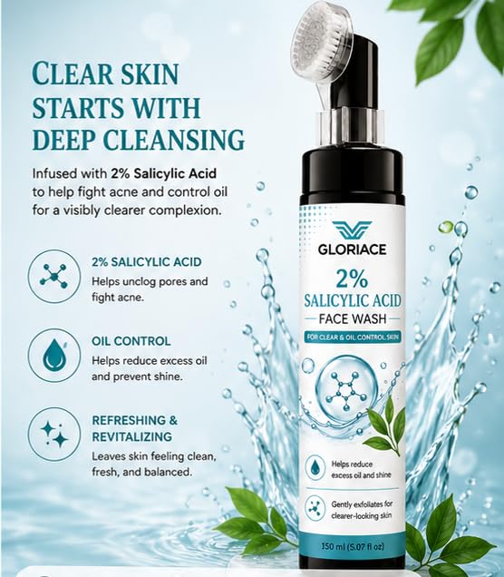 GLORIACE 2% Salicylic Acid Face Wash with Built-in Soft Silicone Cleansing Brush | Daily Facial Cleanser for Oil Control & Blemish-Prone Skin | Gently Removes Dirt, Oil & Impurities | 150 ml