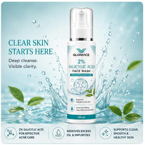 GLORIACE 2% Salicylic Acid Face Wash | Daily Facial Cleanser for Blemish-Prone Skin | Gently Removes Dirt, Oil & Impurities | Refreshing Face Wash | 100 ml
