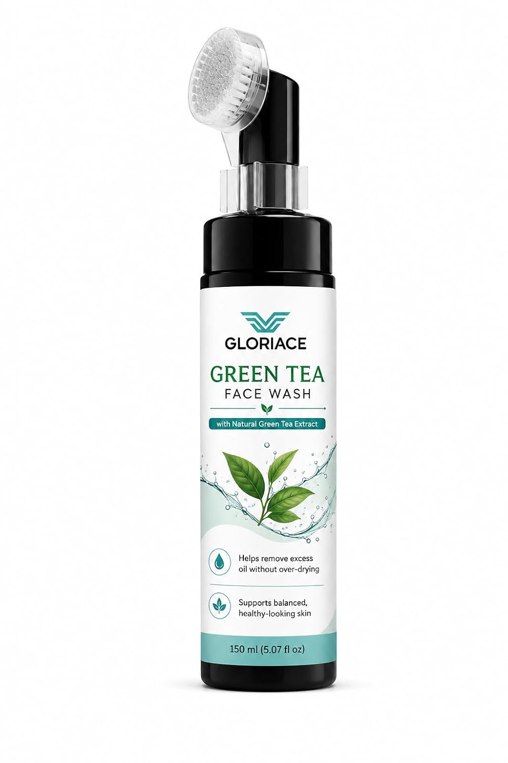 GLORIACE Green Tea Face Wash with Built-in Soft Silicone Cleansing Brush | Daily Facial Cleanser with Natural Green Tea Extract | Gently Removes Excess Oil & Impurities | Suitable for All Skin Types | 150 ml