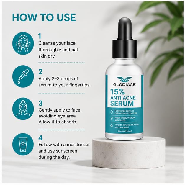 GLORIACE Anti Acne Face Serum for Oily & Blemish-Prone Skin | Lightweight Facial Serum for Daily Skin Care Routine | Non-Greasy Formula for Refined & Clear-Looking Skin | 30 ml