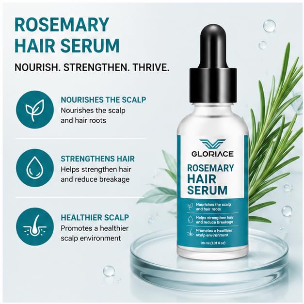 GLORIACE Rosemary Hair Serum for Hair & Scalp Care | Lightweight Leave-In Serum with Rosemary | Non-Sticky Formula for Daily Care Routine | Suitable for All Hair Types | 30 ml