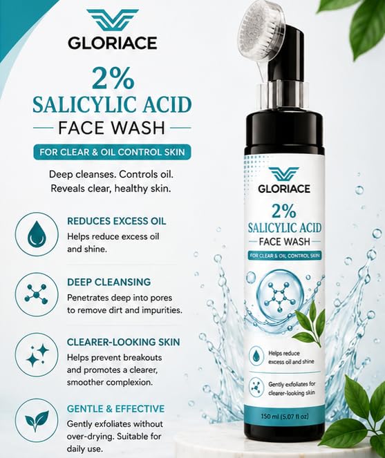 GLORIACE 2% Salicylic Acid Face Wash with Built-in Soft Silicone Cleansing Brush | Daily Facial Cleanser for Oil Control & Blemish-Prone Skin | Gently Removes Dirt, Oil & Impurities | 150 ml