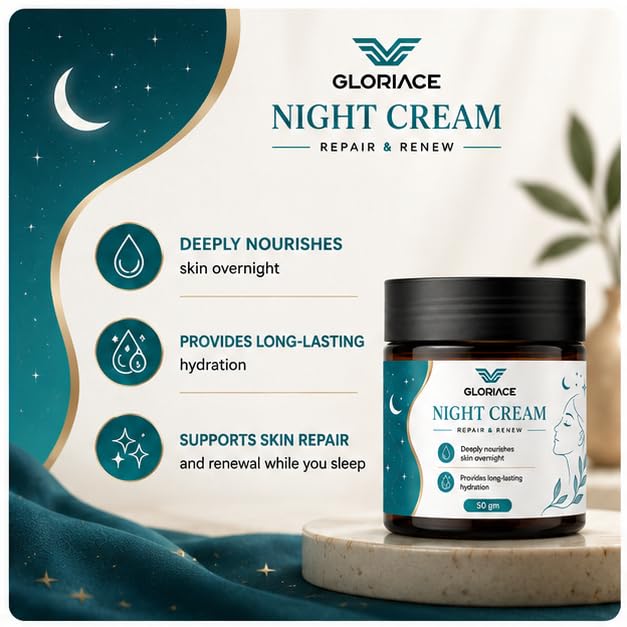 GLORIACE Night Cream | Overnight Moisturizing Face Cream for Nourished, Soft & Hydrated Skin | Lightweight Non-Greasy Formula | Suitable for All Skin Types | 50 g
