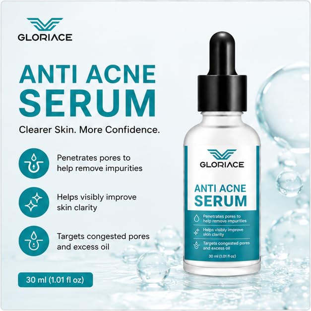 GLORIACE Anti Acne Face Serum for Oily & Blemish-Prone Skin | Lightweight Facial Serum for Daily Skin Care Routine | Non-Greasy Formula for Refined & Clear-Looking Skin | 30 ml