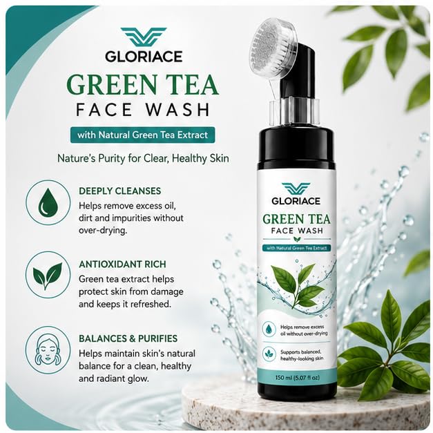 GLORIACE Green Tea Face Wash with Built-in Soft Silicone Cleansing Brush | Daily Facial Cleanser with Natural Green Tea Extract | Gently Removes Excess Oil & Impurities | Suitable for All Skin Types | 150 ml