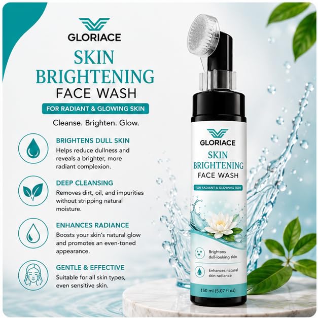 GLORIACE Skin Brightening Face Wash with Built-in Soft Silicone Cleansing Brush | Daily Facial Cleanser for Radiant & Glowing Skin | Gently Removes Dirt, Oil & Impurities | Suitable for All Skin Types | 150 ml