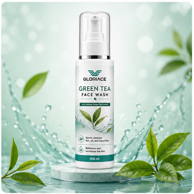 GLORIACE Green Tea Face Wash | Daily Facial Cleanser with Natural Green Tea Extract | Gently Cleanses Dirt, Oil & Impurities | Refreshing Face Wash for All Skin Types | 100 ml