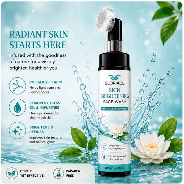 GLORIACE Skin Brightening Face Wash with Built-in Soft Silicone Cleansing Brush | Daily Facial Cleanser for Radiant & Glowing Skin | Gently Removes Dirt, Oil & Impurities | Suitable for All Skin Types | 150 ml