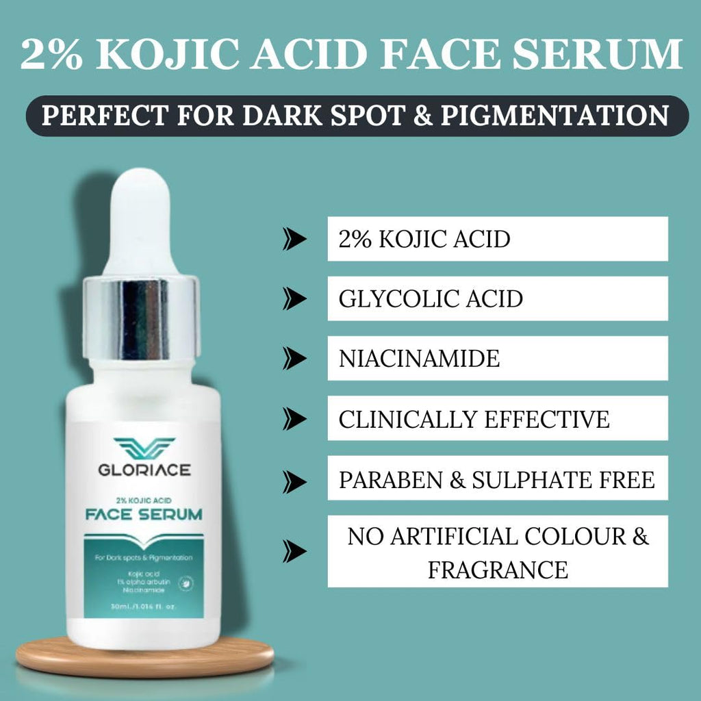 Gloriace 2% Kojic Acid Face Serum for Dark Spots, Pigmentation & Glowing Skin | With Alpha Arbutin & Niacinamide | Skin Brightening & Tan Removal Serum -30ml