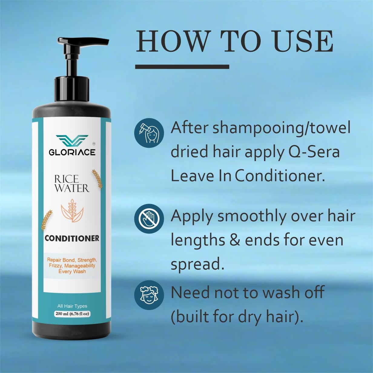 Gloriace Rice Water Conditioner, Repairs Damage, Reduces Frizz, Deep Hydration, All Hair Types, 200 ml