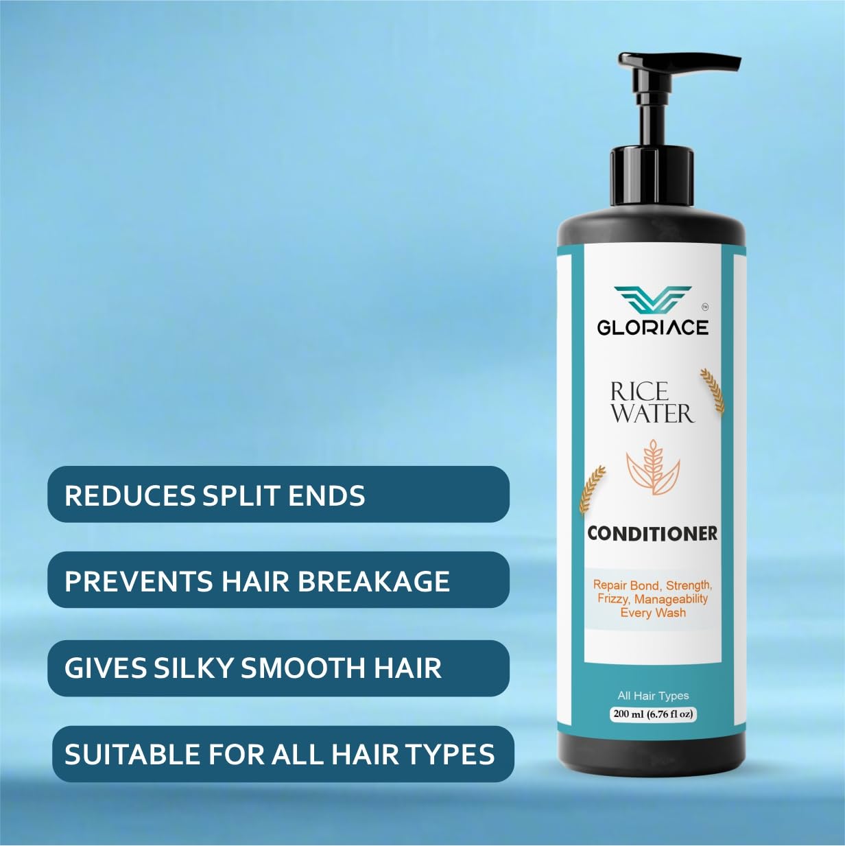 Gloriace Rice Water Conditioner, Repairs Damage, Reduces Frizz, Deep Hydration, All Hair Types, 200 ml