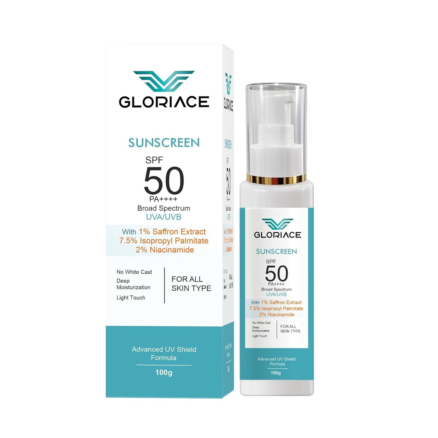 Gloriace Niacinamide + Saffron Extract Sunscreen SPF 50 PA++++ | Brightening & Oil Control Sun Protection | Lightweight Daily Glow Sunscreen for All Skin Types | 100ml