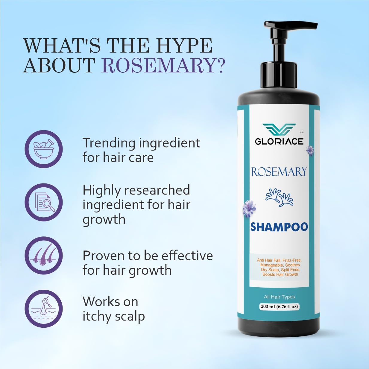 Gloriace Rosemary Hair Growth Shampoo, Anti Hair Fall, Frizz-Free, All Hair Types, 200 ml
