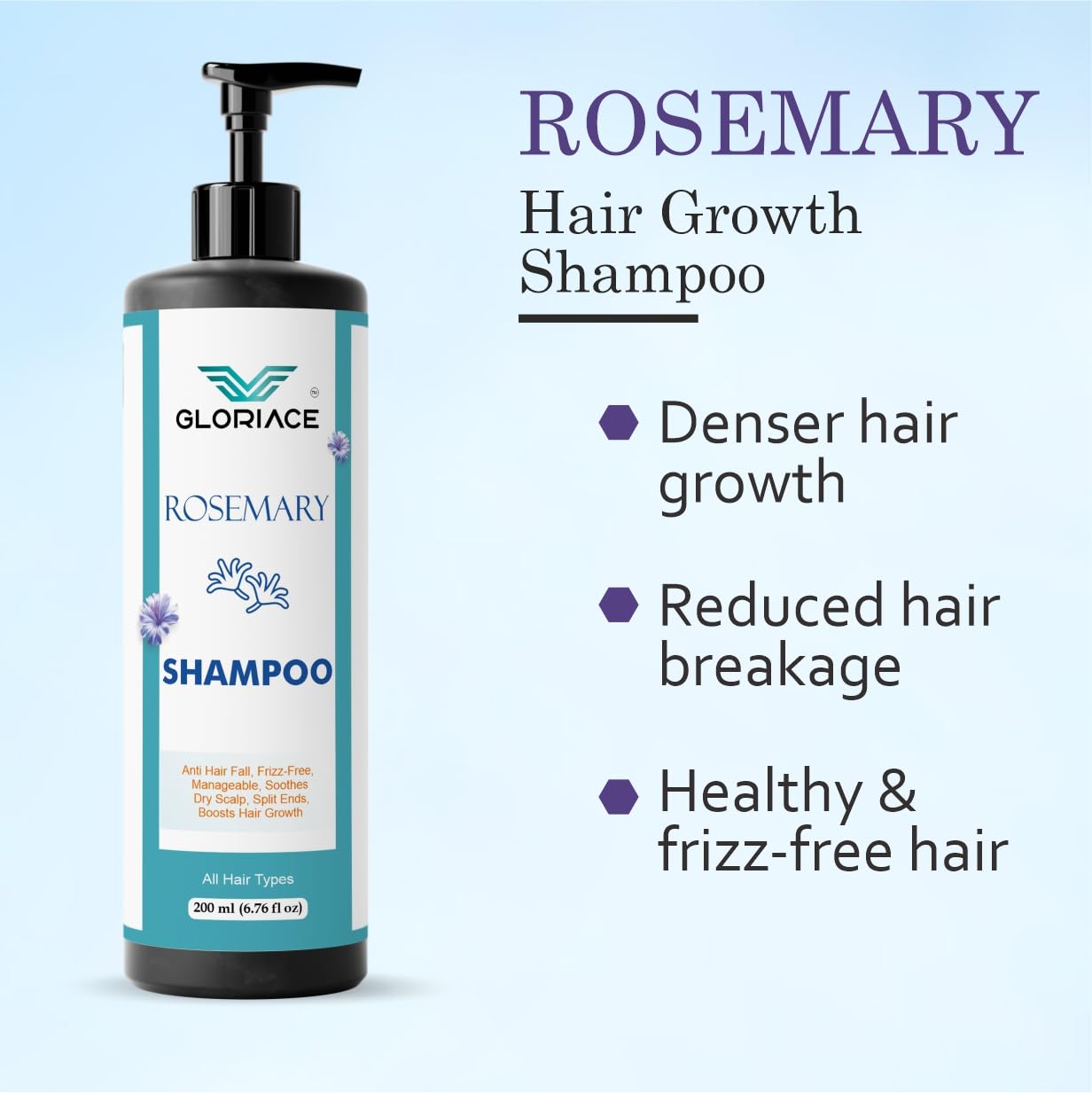 Gloriace Rosemary Hair Growth Shampoo, Anti Hair Fall, Frizz-Free, All Hair Types, 200 ml
