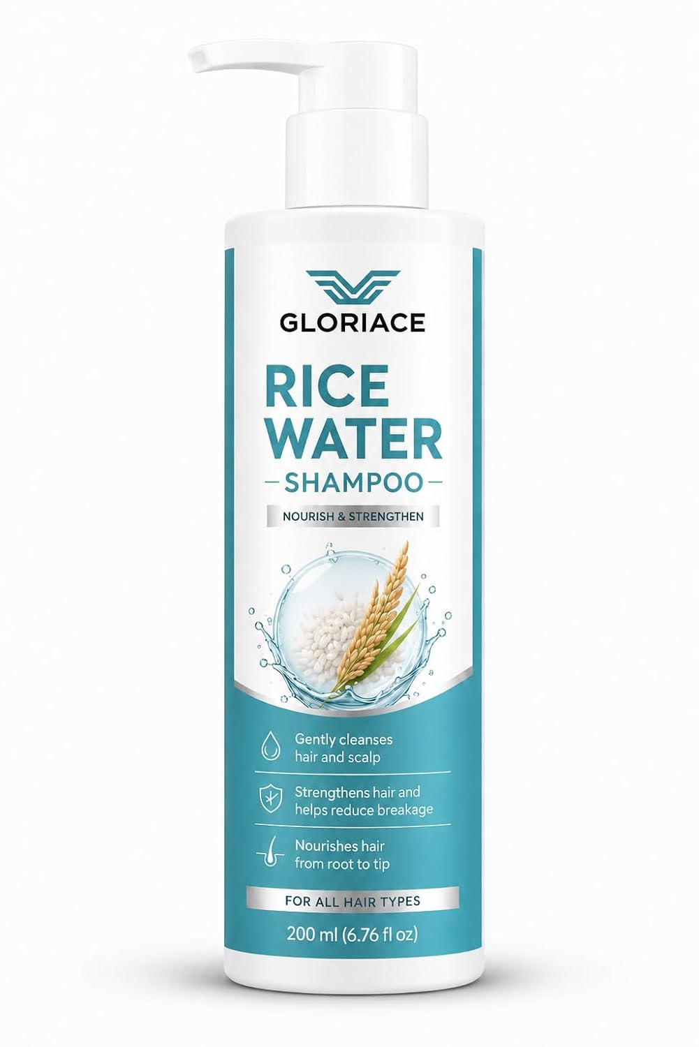 Gloriace Rice Water Shampoo, Repair Bond Strength Frizzy Manageability, Prevents Hair Fall, All Hair Types, 200ml