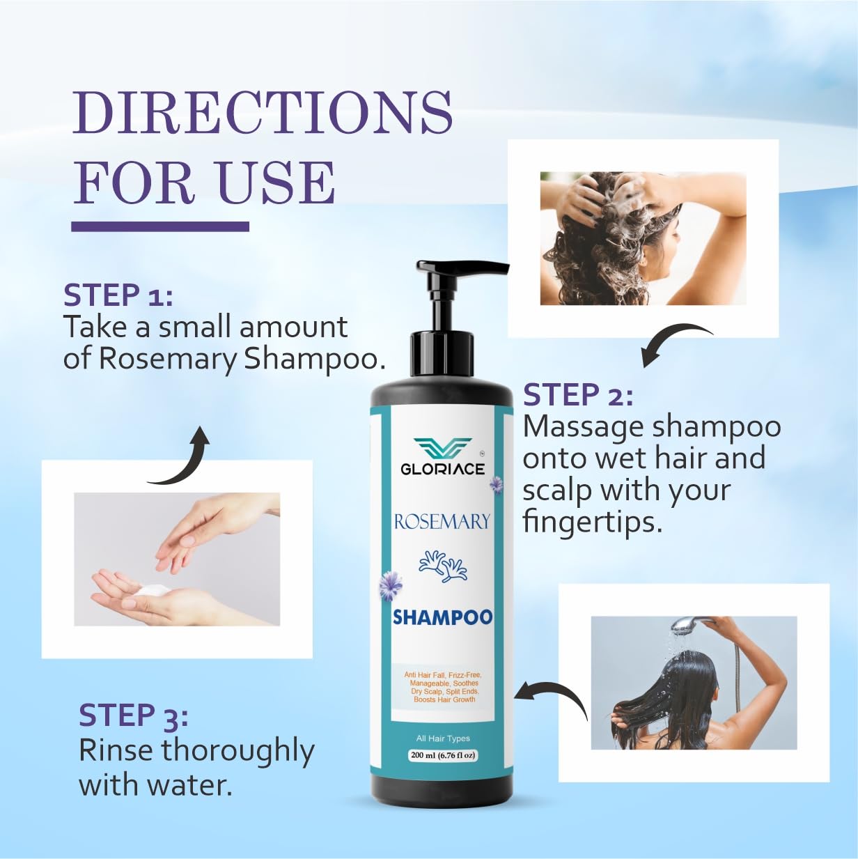 Gloriace Rosemary Hair Growth Shampoo, Anti Hair Fall, Frizz-Free, All Hair Types, 200 ml