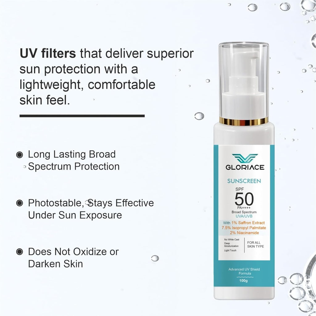 Gloriace Niacinamide + Saffron Extract Sunscreen SPF 50 PA++++ | Brightening & Oil Control Sun Protection | Lightweight Daily Glow Sunscreen for All Skin Types | 100ml