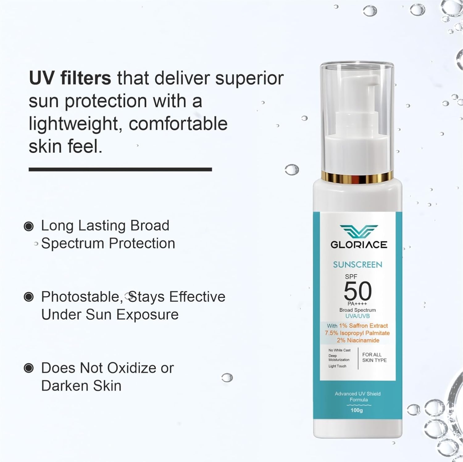 Gloriace Niacinamide + Saffron Extract Sunscreen SPF 50 PA++++ | Brightening & Oil Control Sun Protection | Lightweight Daily Glow Sunscreen for All Skin Types | 100ml