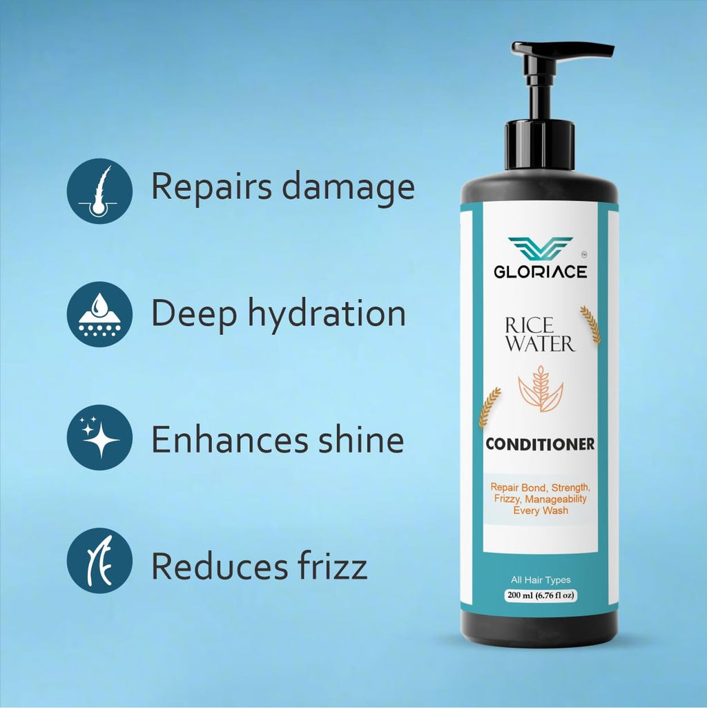 Gloriace Rice Water Conditioner, Repairs Damage, Reduces Frizz, Deep Hydration, All Hair Types, 200 ml