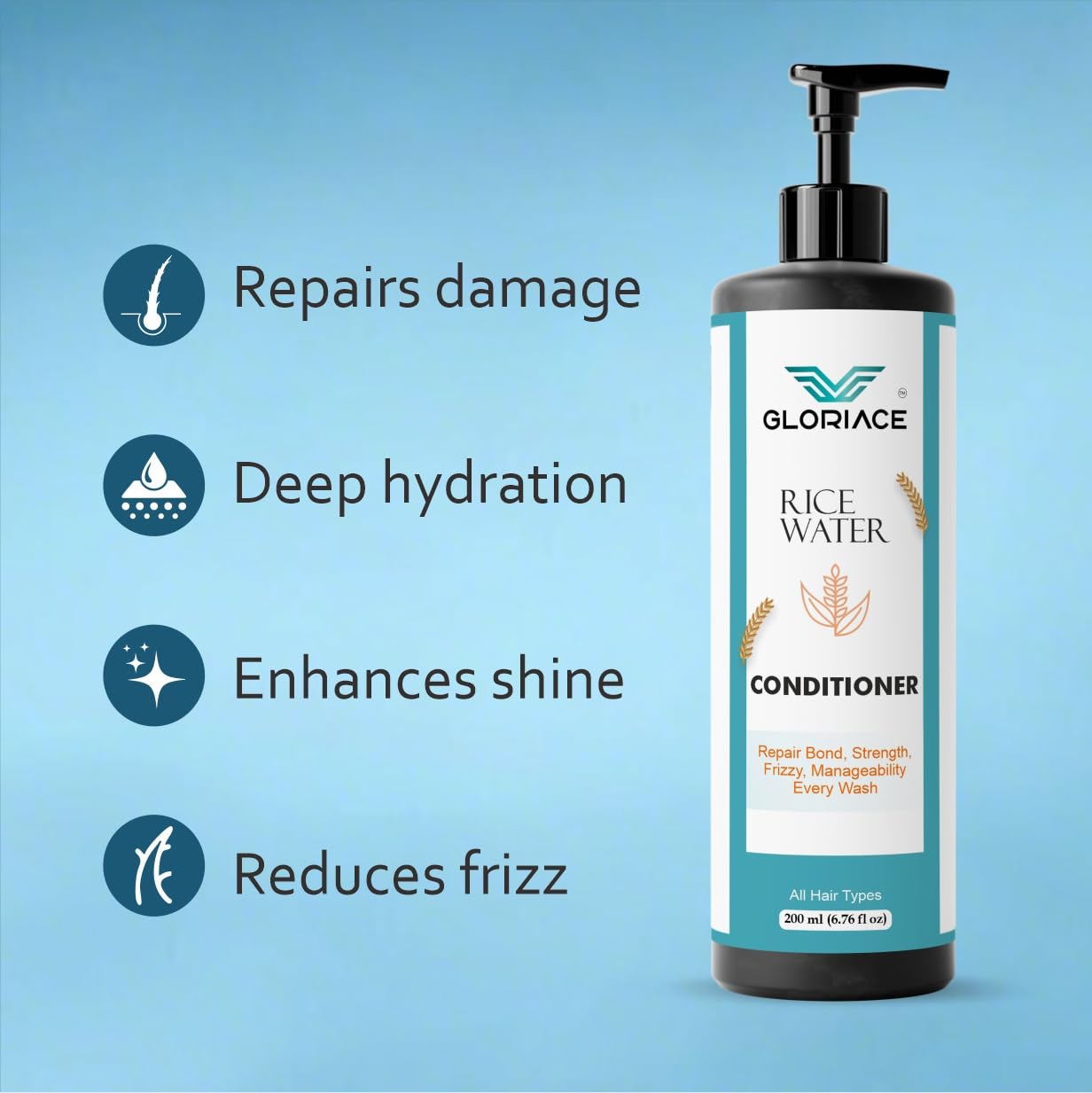 Gloriace Rice Water Conditioner, Repairs Damage, Reduces Frizz, Deep Hydration, All Hair Types, 200 ml