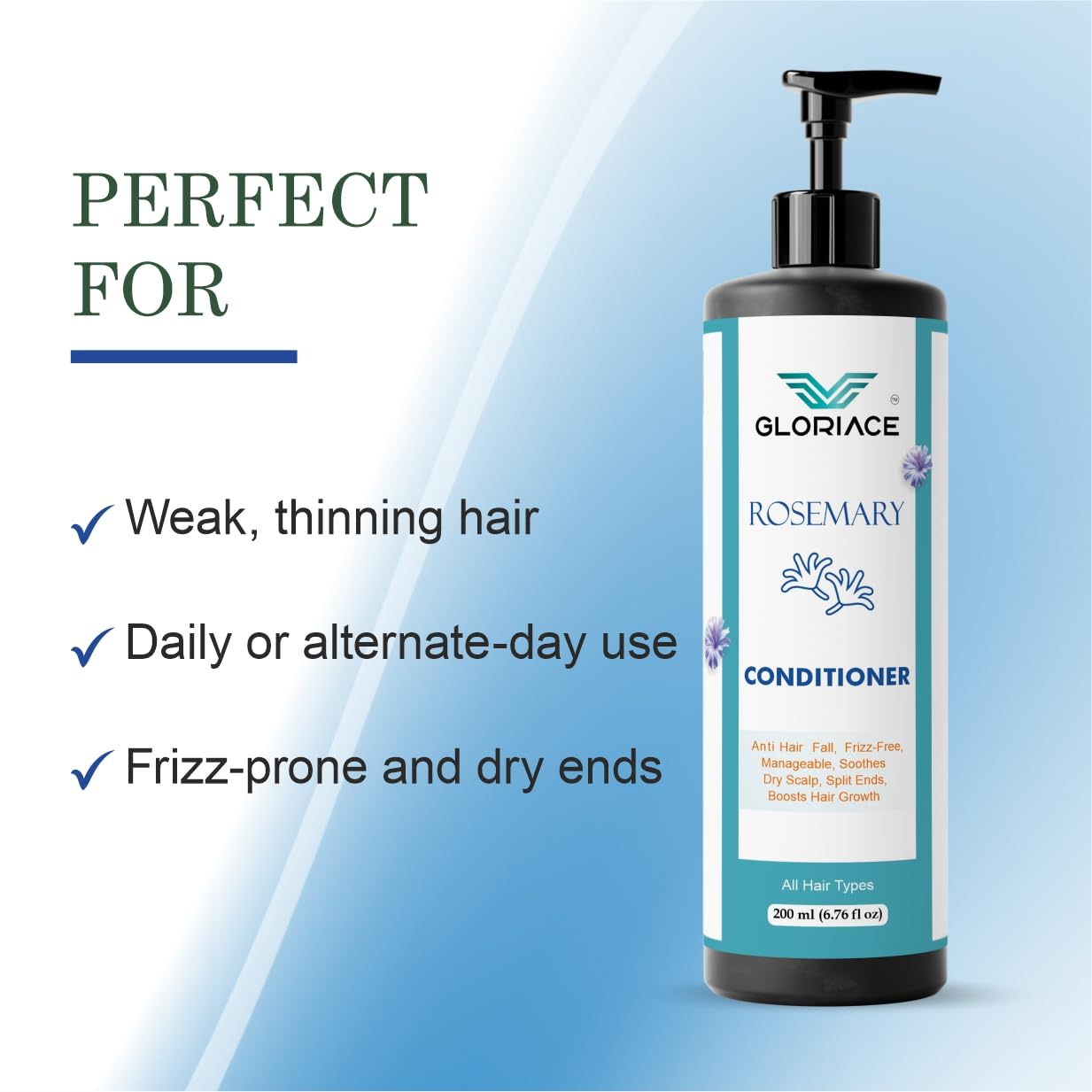 Gloriace Rosemary Conditioner, Anti Hair Fall, Frizz-Free, All Hair Types, 200ml