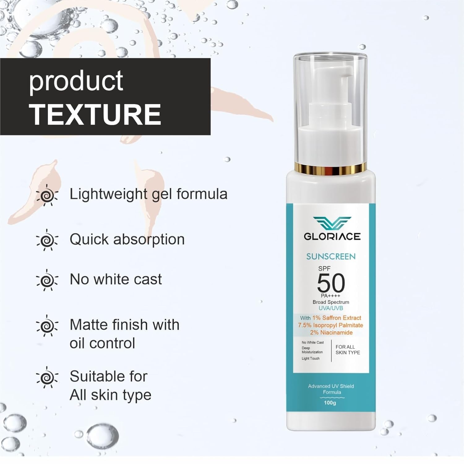 Gloriace Niacinamide + Saffron Extract Sunscreen SPF 50 PA++++ | Brightening & Oil Control Sun Protection | Lightweight Daily Glow Sunscreen for All Skin Types | 100ml