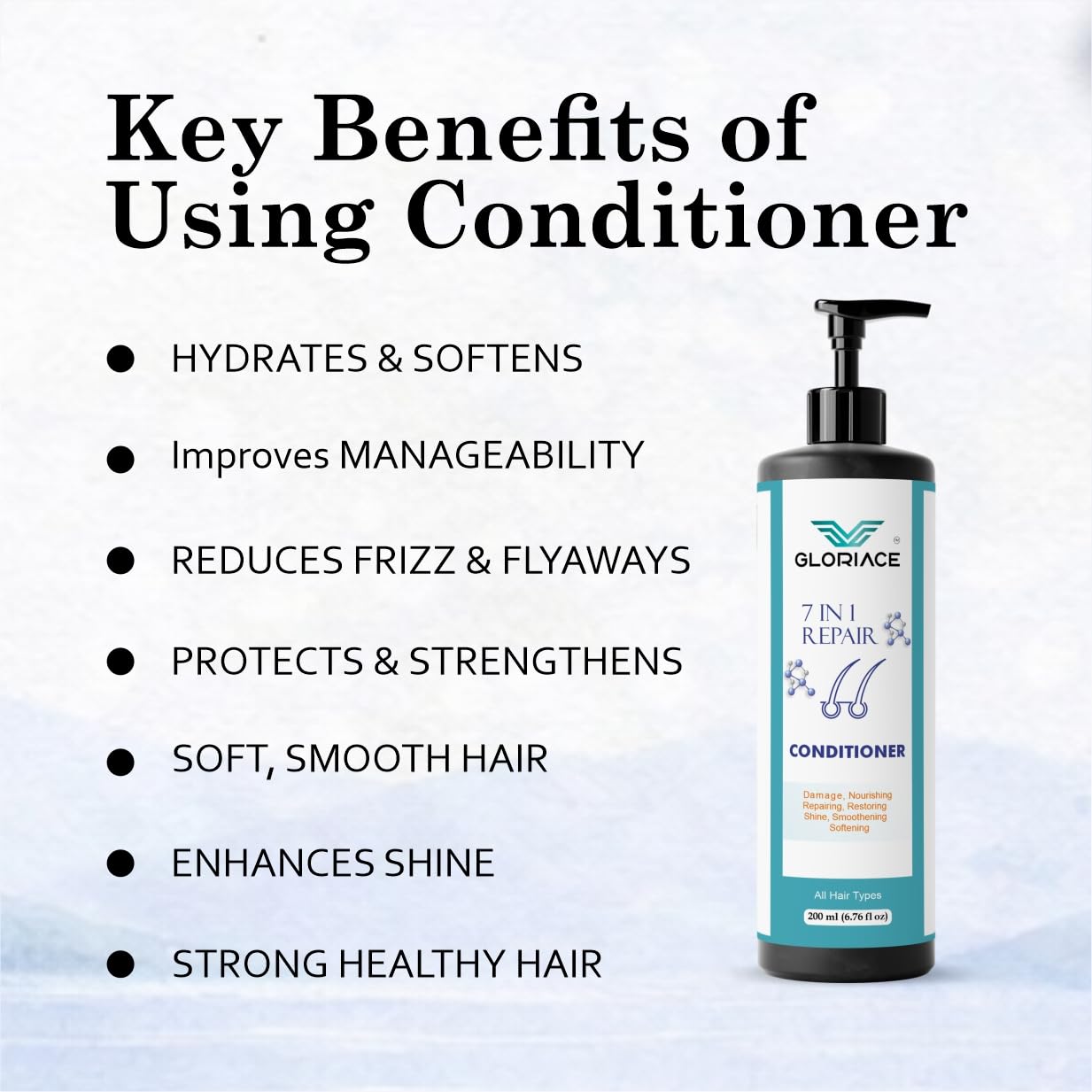 Gloriace 7 in 1 Repair Conditioner with Rice Water Extract, All Hair Types, 200 ml, Liquid, Pump Bottle