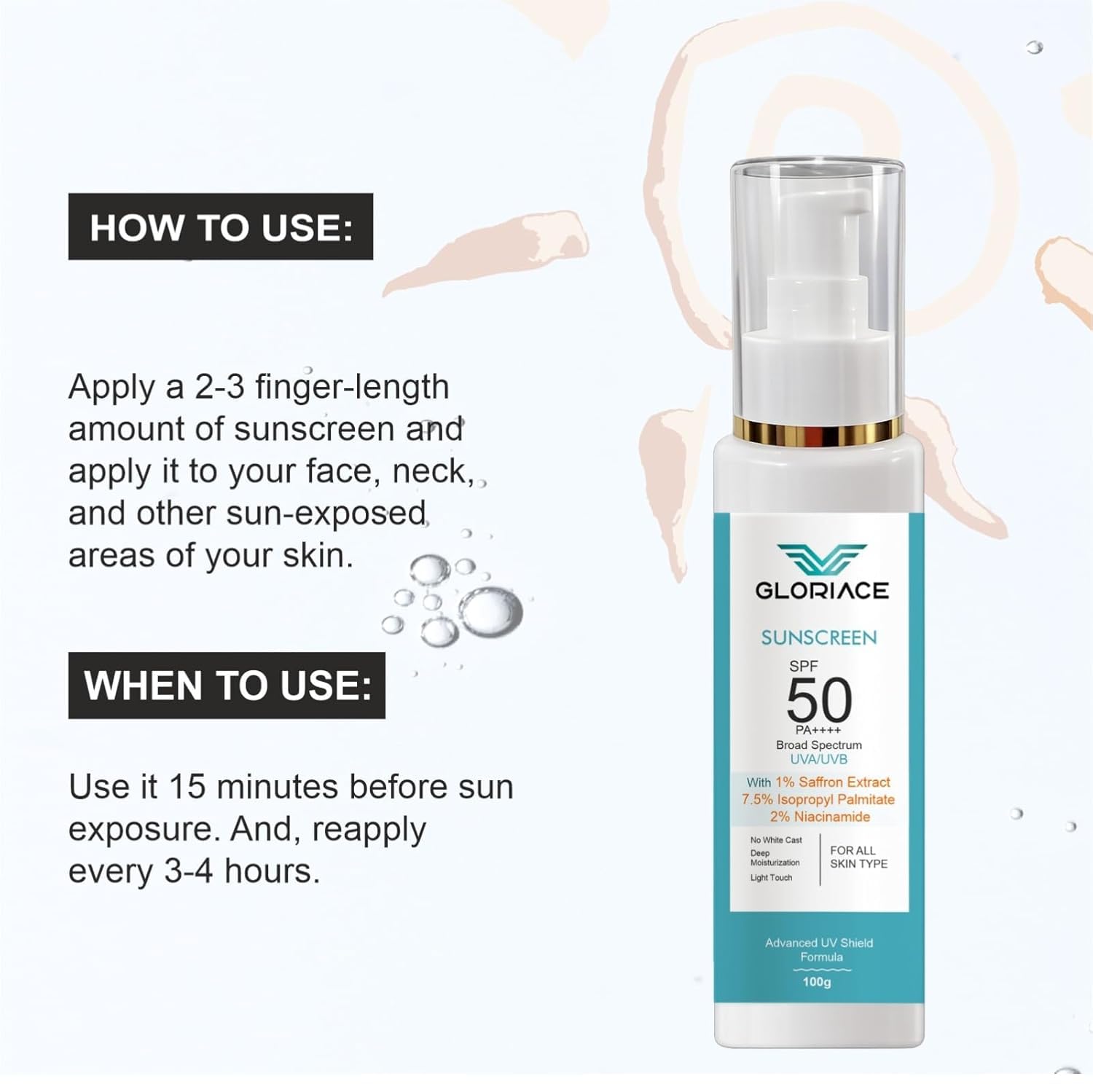 Gloriace Niacinamide + Saffron Extract Sunscreen SPF 50 PA++++ | Brightening & Oil Control Sun Protection | Lightweight Daily Glow Sunscreen for All Skin Types | 100ml