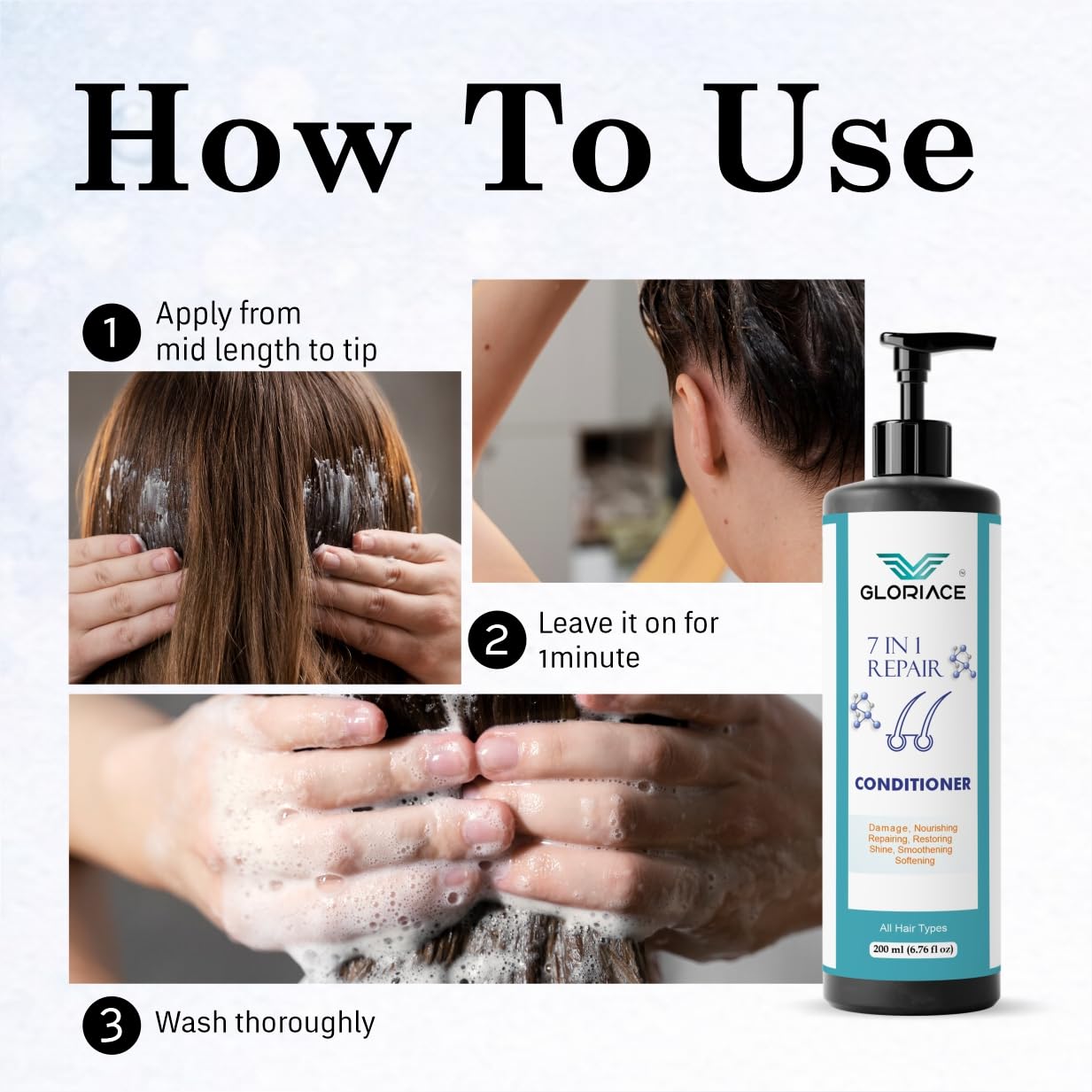 Gloriace 7 in 1 Repair Conditioner with Rice Water Extract, All Hair Types, 200 ml, Liquid, Pump Bottle