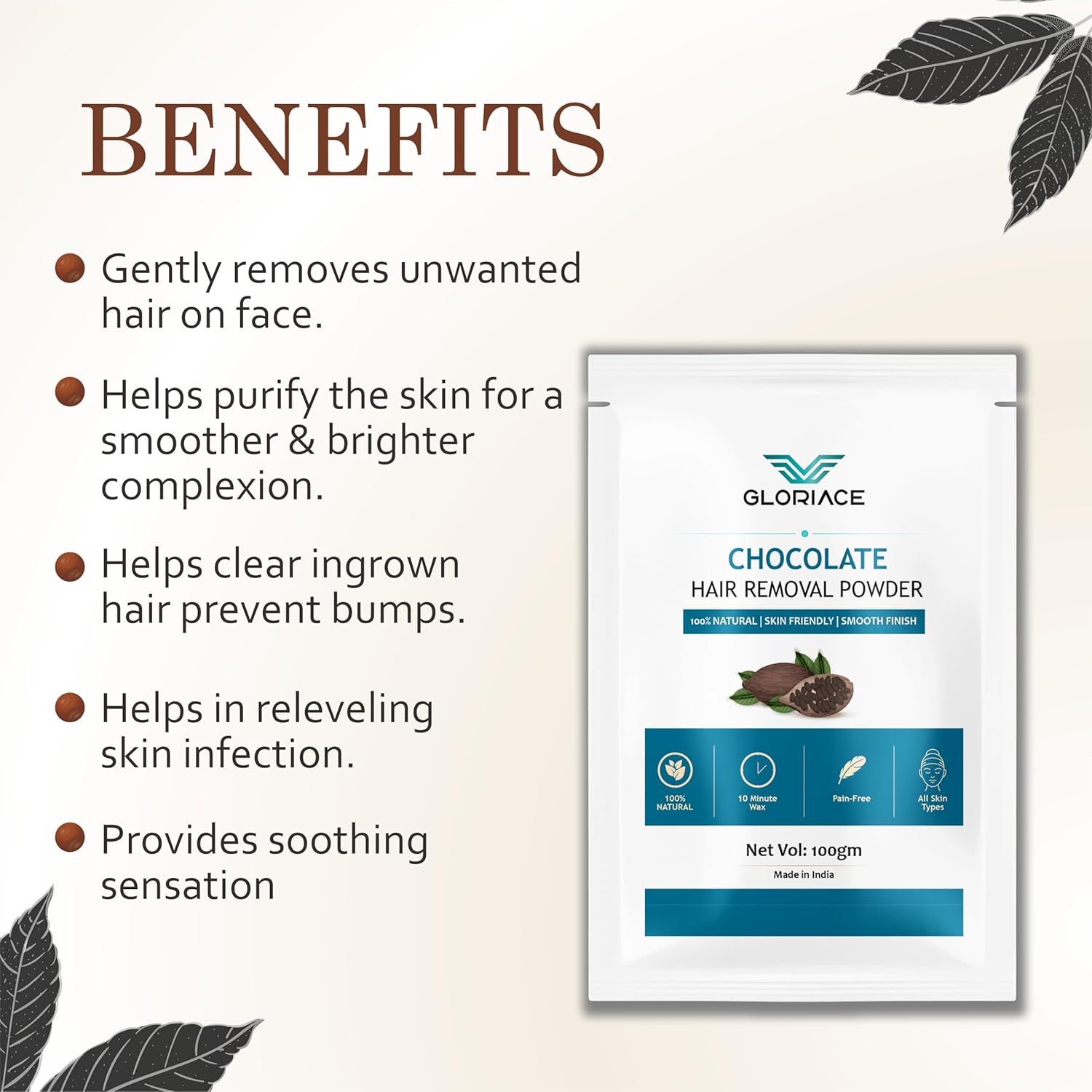 Hair Removal Wax Powder, Natural Ingredients, Pain-Free, All Skin Types, Smooth Finish, 100g (Chocolate)