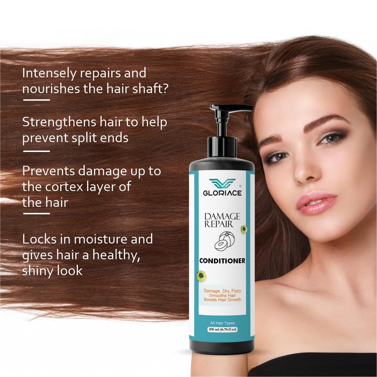 Gloriace Damage Repair Conditioner, Rice Water Infused, for Dry, Frizzy and Damaged Hair, Boosts Hair Growth, 200 ml