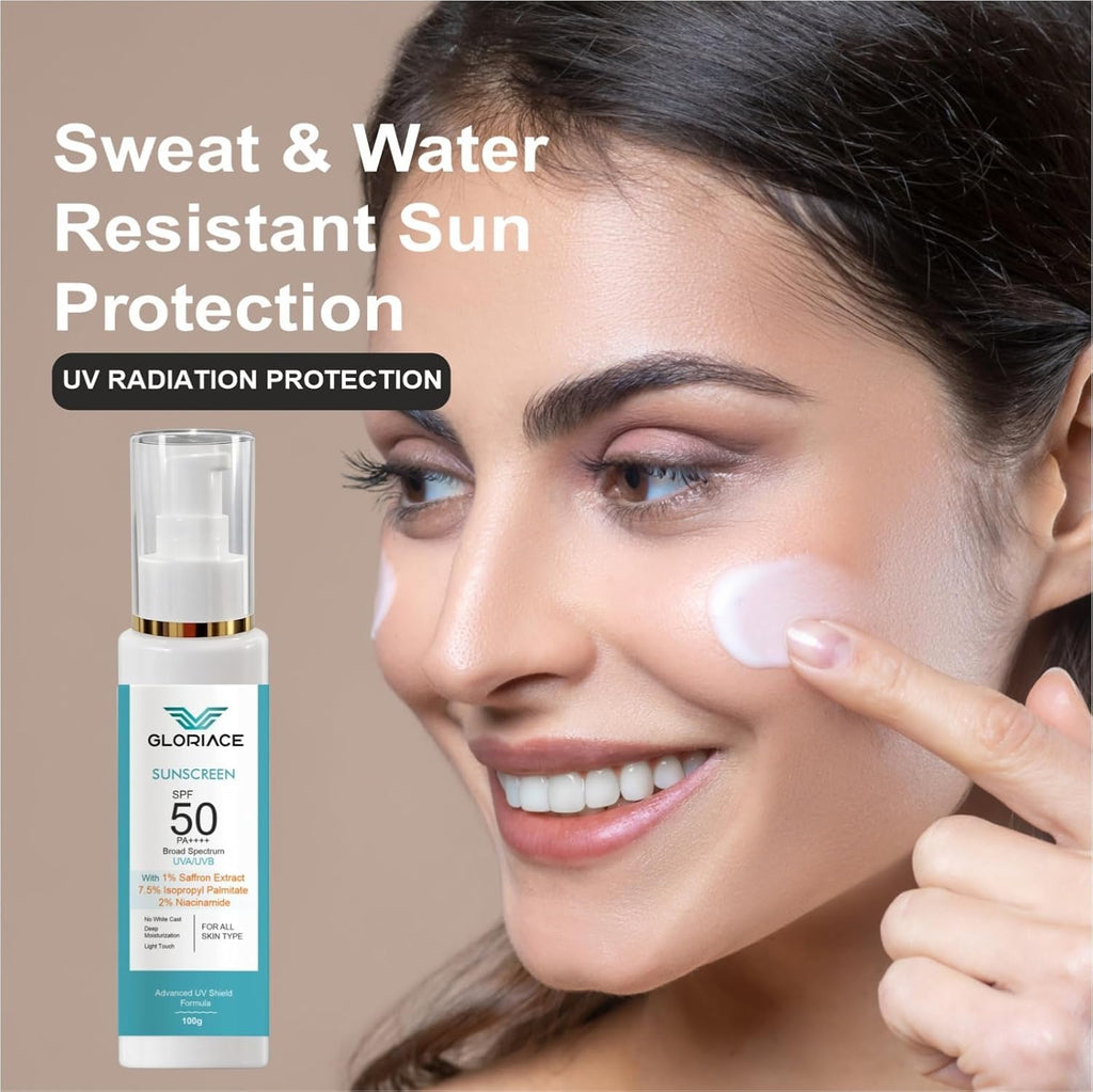 Gloriace Niacinamide + Saffron Extract Sunscreen SPF 50 PA++++ | Brightening & Oil Control Sun Protection | Lightweight Daily Glow Sunscreen for All Skin Types | 100ml